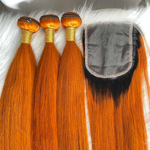 Ginger Straight Human Hair Bundles with Lace Closure Color 350