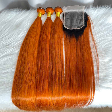 Ginger Straight Human Hair Bundles with Lace Closure Color 350